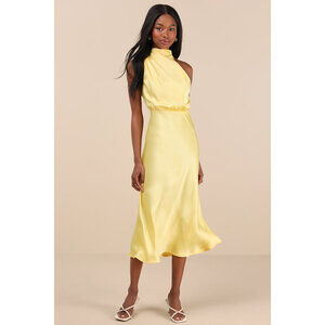 Lulus Distinctive Charm Yellow Satin Asymmetrical Midi Dress - Size M